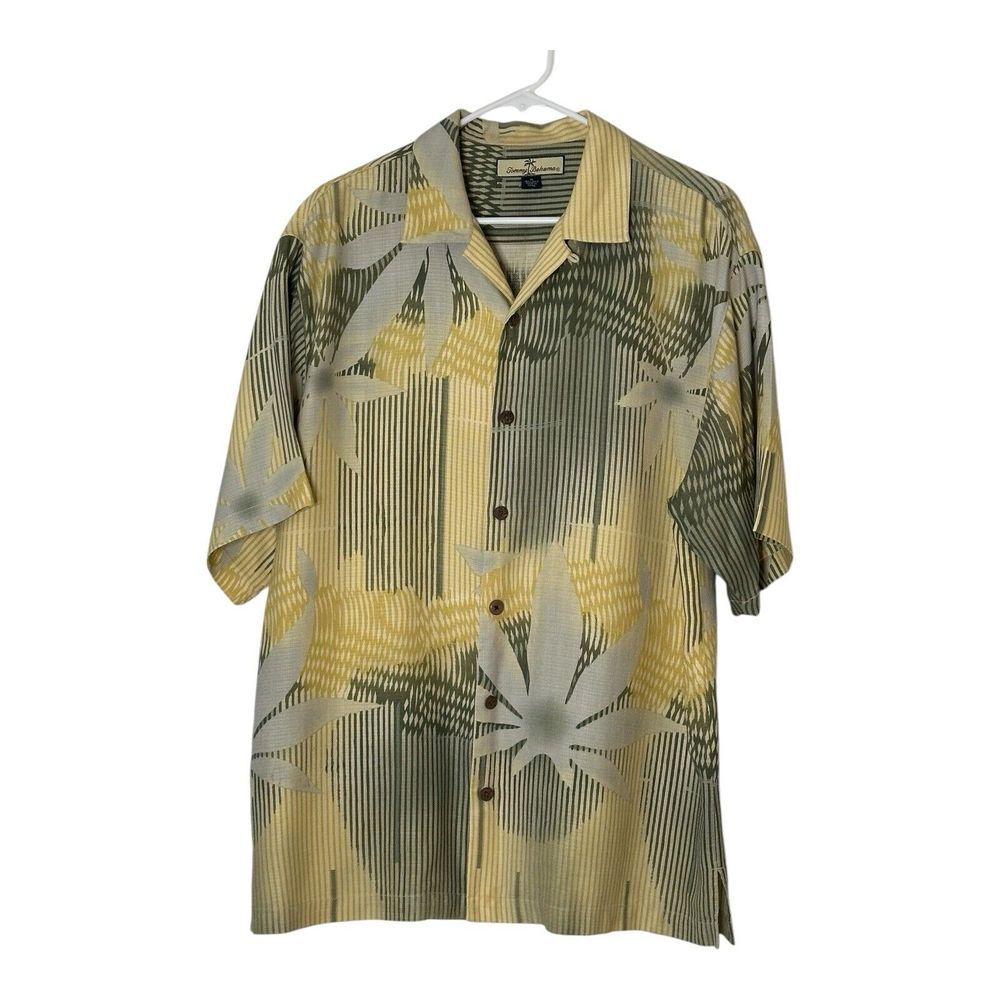 VTG Tommy Bahama Hawaiian Silk Shirt Men Medium‎ Yellow Floral Button UP Camp
